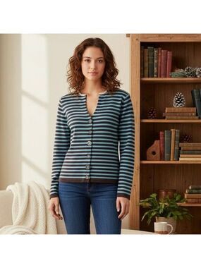 Anthropologie HWR Striped Wool Sweater Cardigan Unique Buttons L Dark Academia